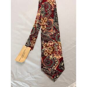 David Lawrence 100% Silk Tie Floral Scenic Print Burgundy Pink Vintage NWT